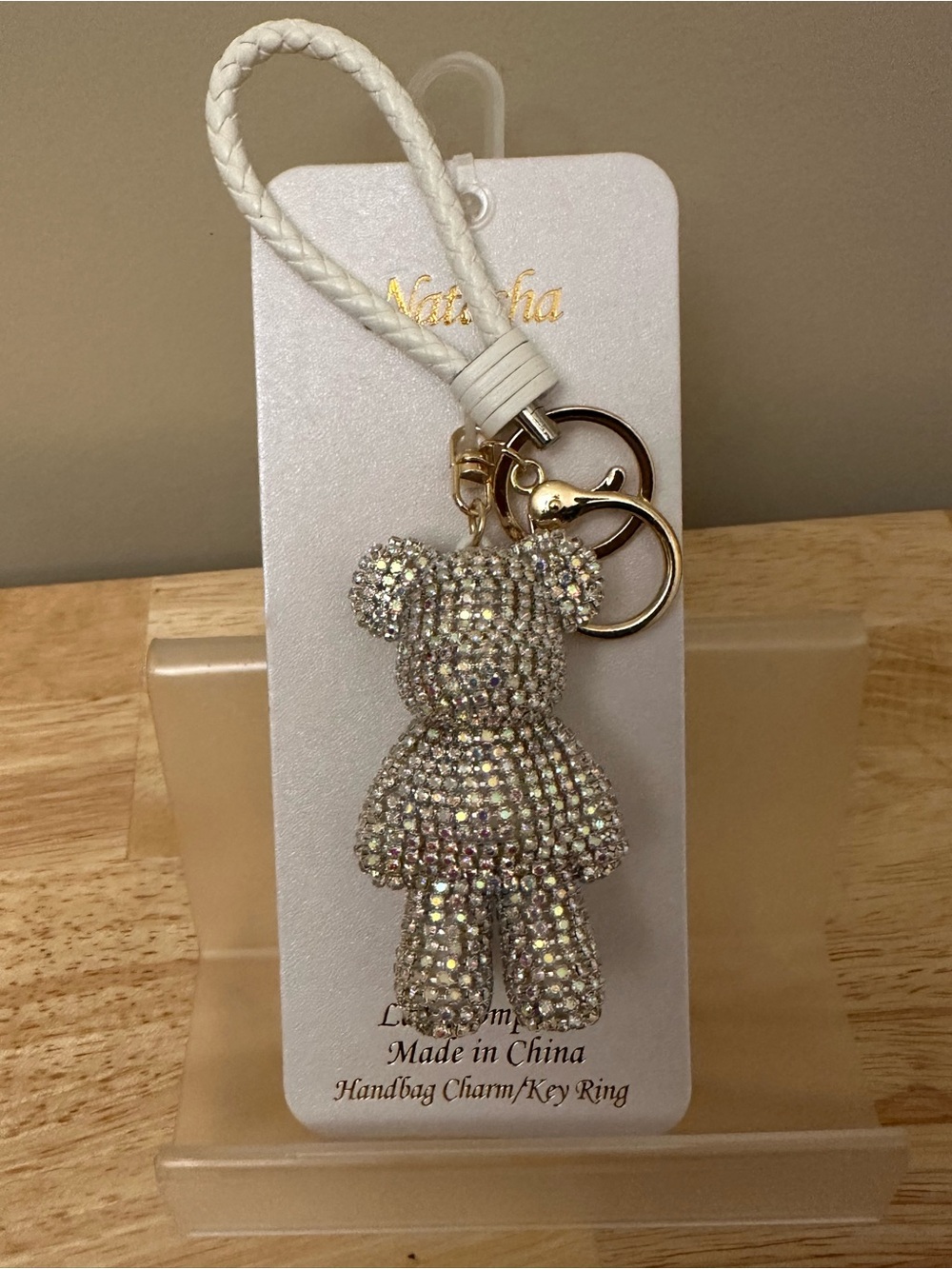 Natasha Denona Crystal Bear Keychain/Bag Charm in White and Gold